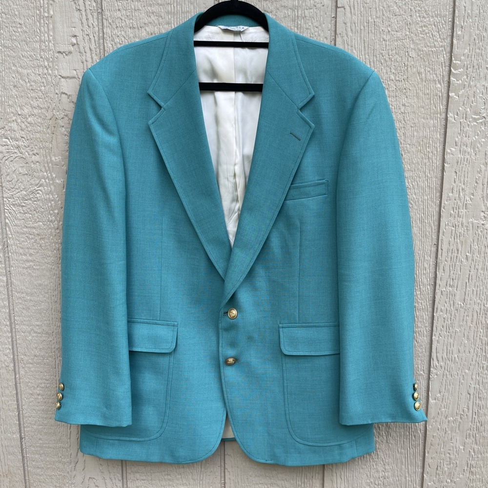 Vintage Botany 500 Wool Blazer Sport Coat USA Gold Buttons Teal Men's 44R
